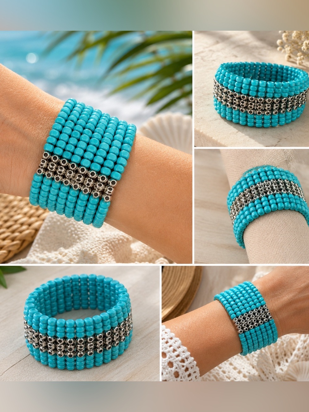 Turquoise Beaded Stretch Bracelet with Silver Accents